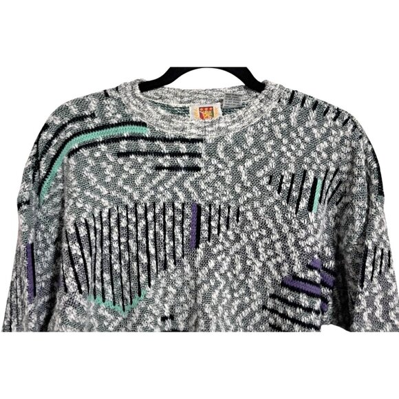 Vintage 90s FLUID Geometric Bubble Knit Sweater Mens Size S Gray Green Purple Ac - Picture 4 of 11